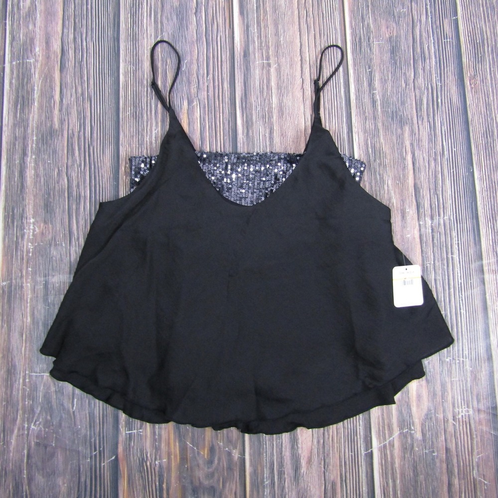 Free People Camisole Womens Small Black Sequin Layered V Neck Tank Top OB1064843